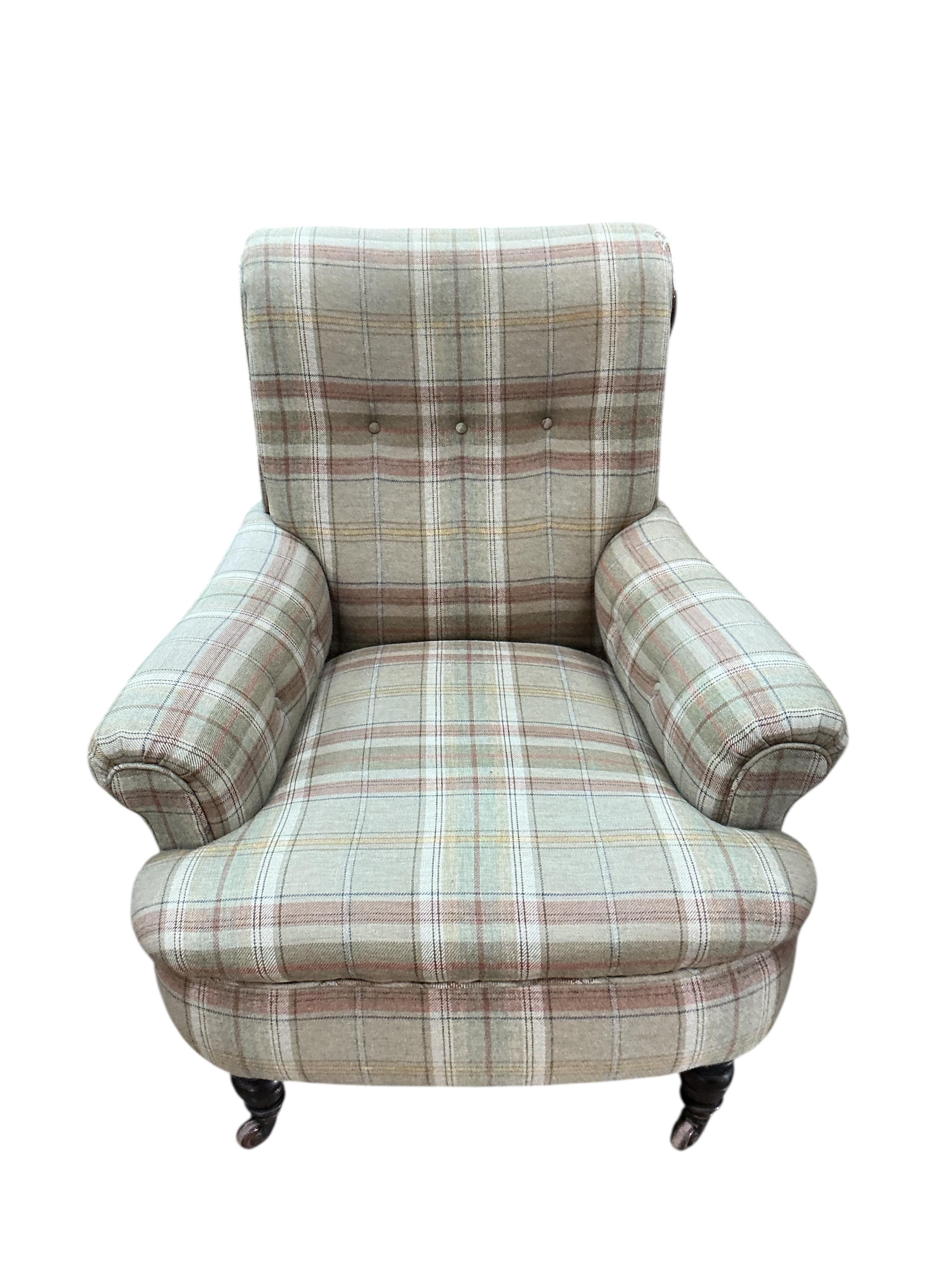 A Victorian armchair upholstered in a tartan wool fabric, width 84cm, depth 84cm, height 88cm